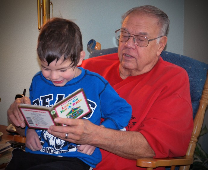 Books and Grandpa at bedtime.